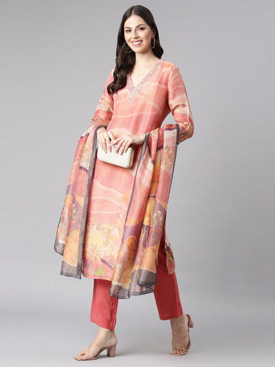 Neerus Orange Printed Straight Kurta and Trousers With Dupatta