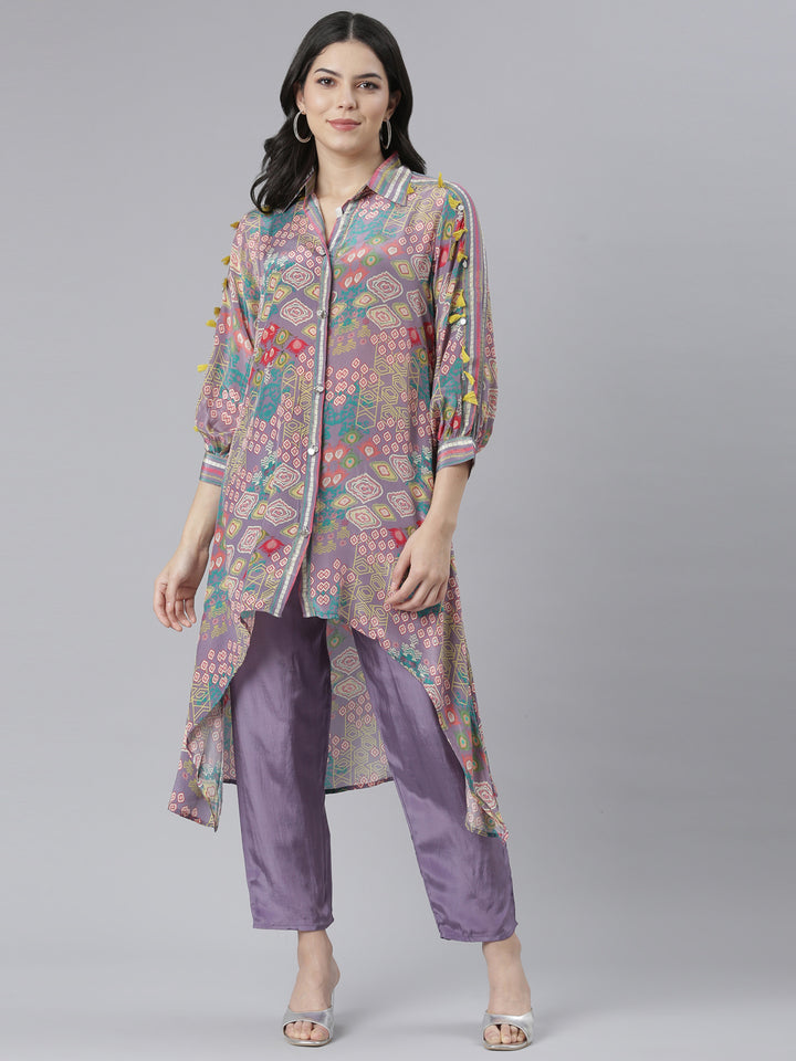 Neerus Purple printed straight kurta set with trousers - front view