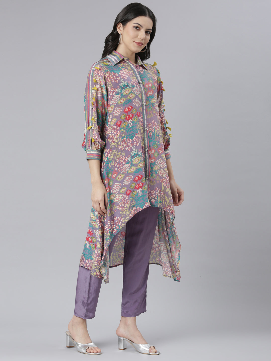 Neerus Purple printed straight kurta set with trousers - back view