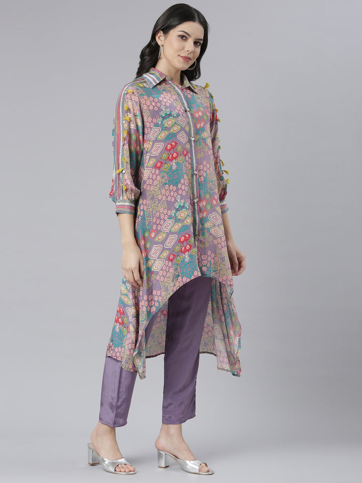 Neerus Purple printed straight kurta set with trousers - back view