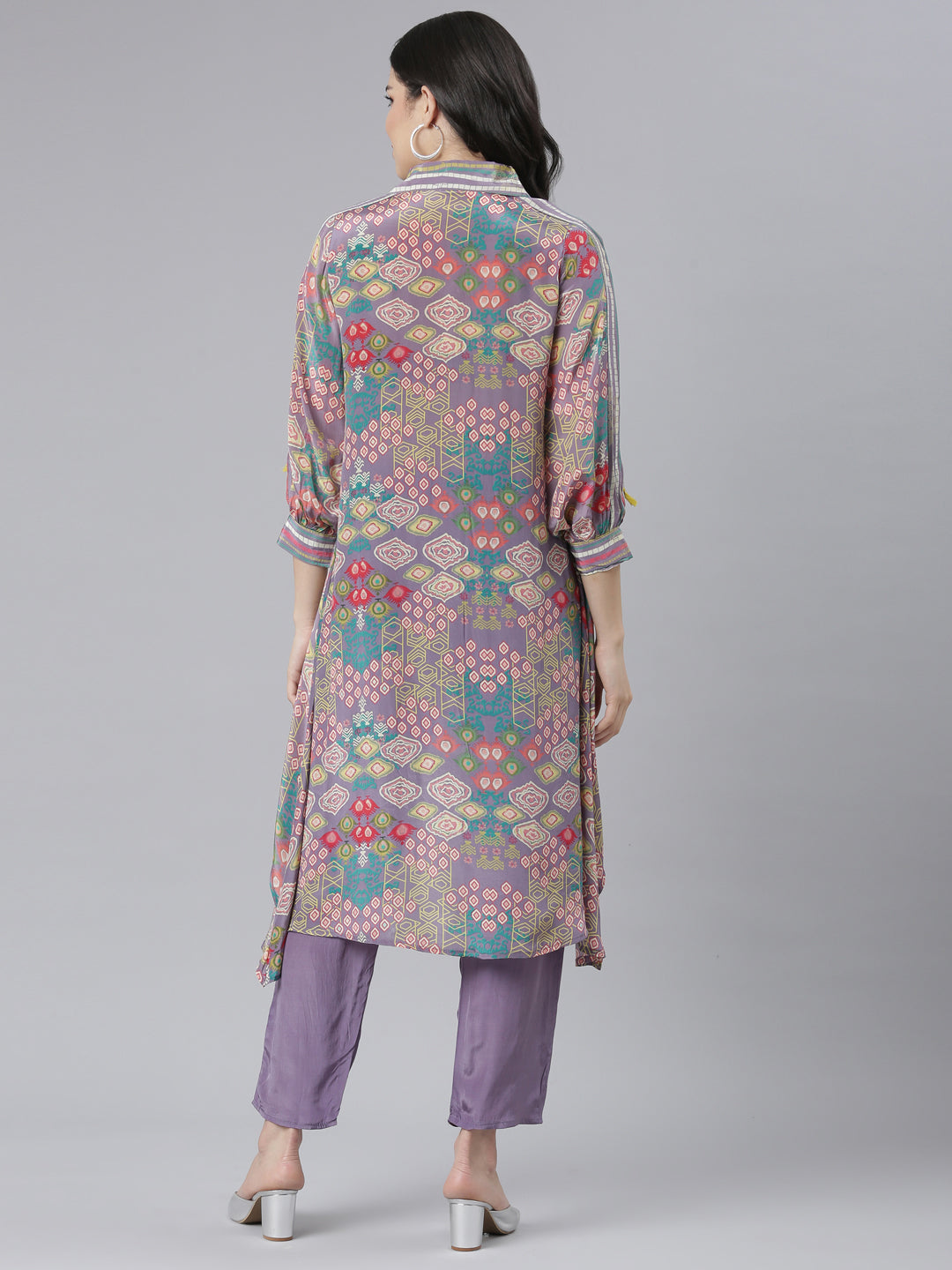 Neerus Purple printed straight kurta set with trousers - side view