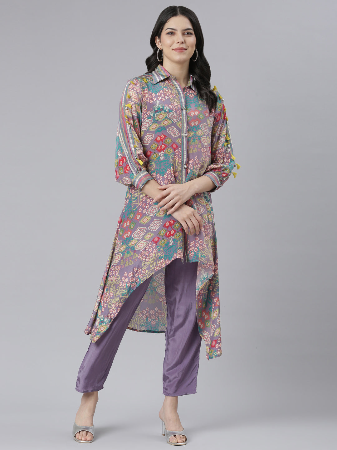 Neerus Purple printed straight kurta set with trousers - detail view 3