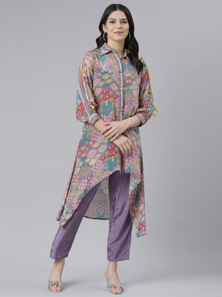 Neerus Purple printed straight kurta set with trousers - detail view 3