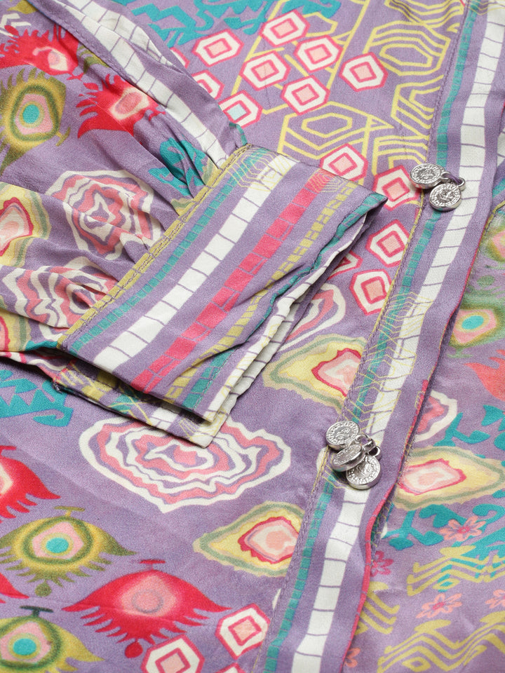 Neerus Purple printed straight kurta set with trousers - detail view 2