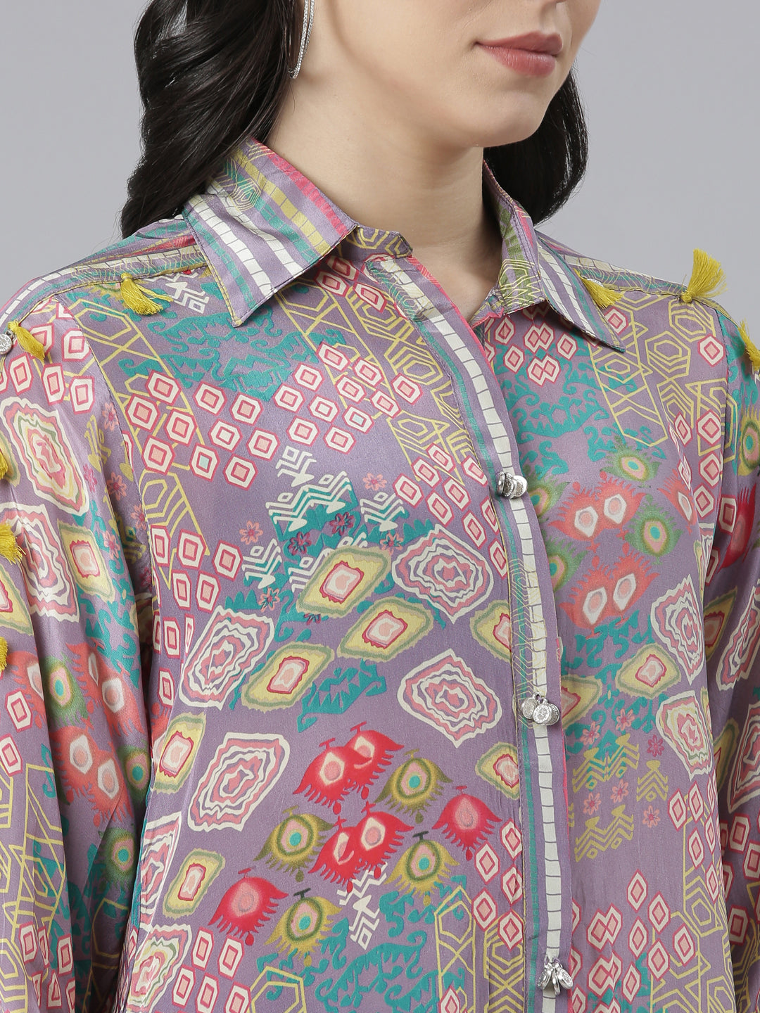 Neerus Purple printed straight kurta set with trousers - detail view 1