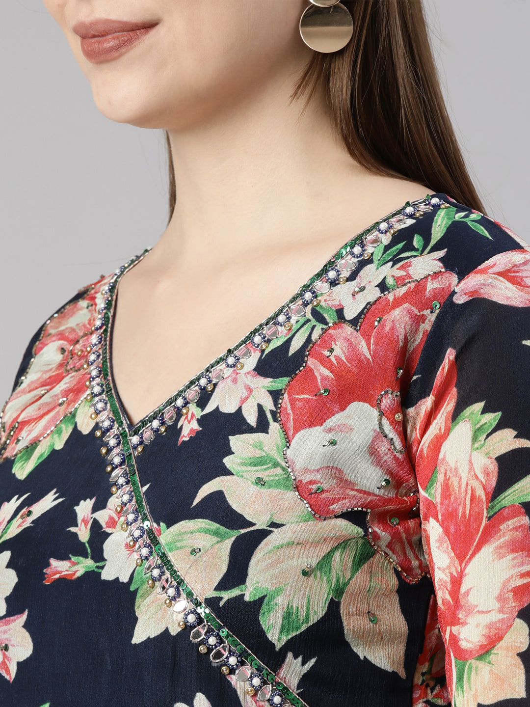 Neerus Navy Blue Regular Straight Floral Kurta And  Trousers With Dupatta