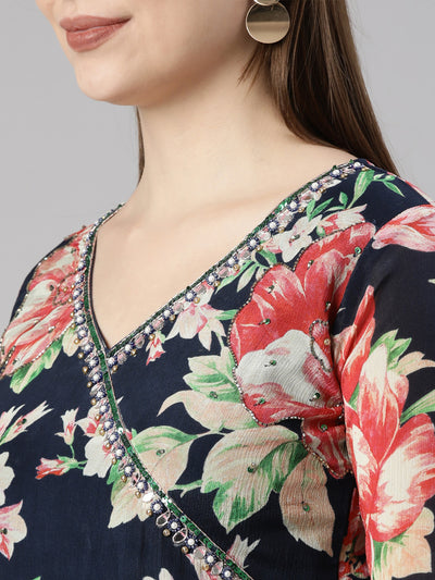 Neerus Navy Blue Regular Straight Floral Kurta And  Trousers With Dupatta