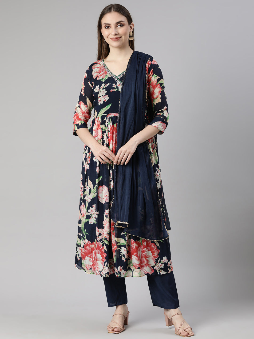 Neerus Navy Blue Regular Straight Floral Kurta And  Trousers With Dupatta