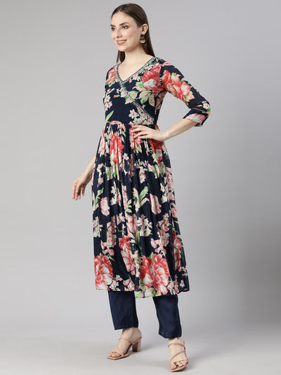 Neerus Navy Blue Regular Straight Floral Kurta And  Trousers With Dupatta