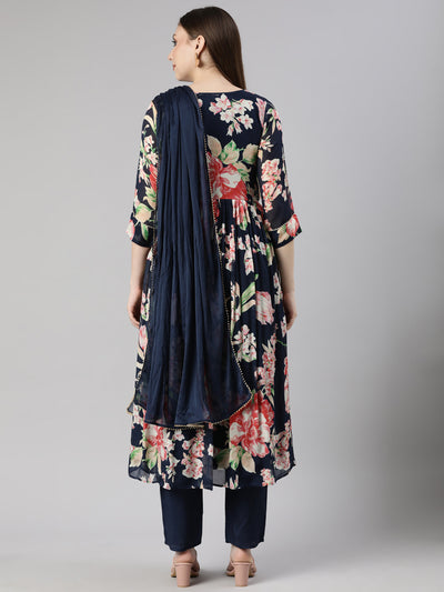 Neerus Navy Blue Regular Straight Floral Kurta And  Trousers With Dupatta