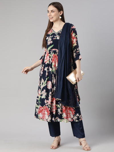 Neerus Navy Blue Regular Straight Floral Kurta And  Trousers With Dupatta
