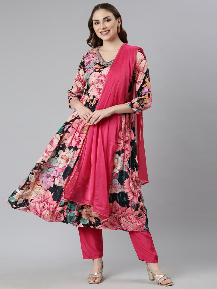 Neerus Pink printed floral suit set - front view