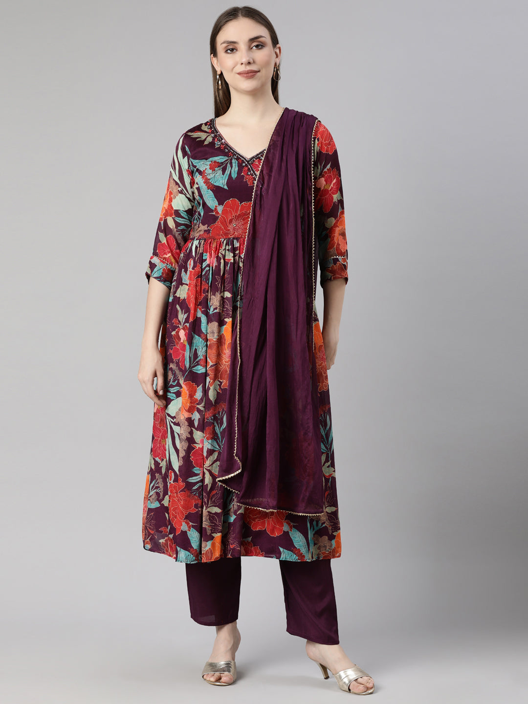 Neerus Purple printed floral straight suit set - front view