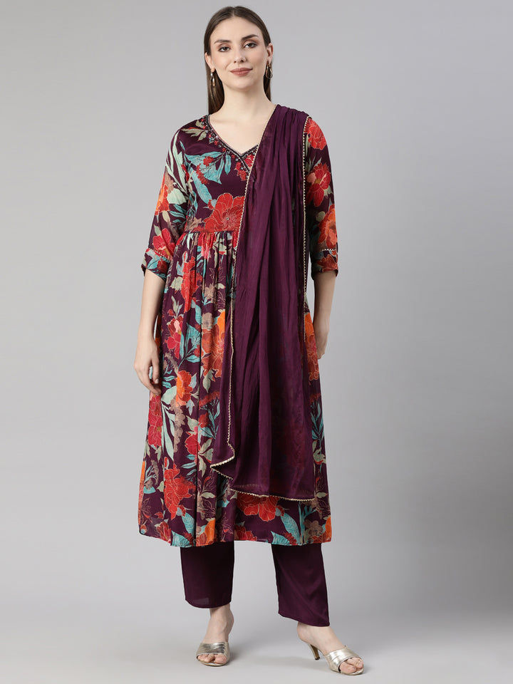 Neerus Purple printed floral straight suit set - front view