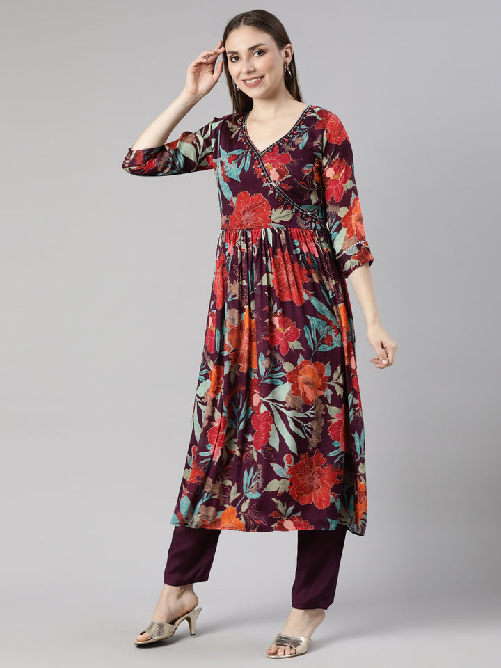 Neerus Purple printed floral straight suit set - back view