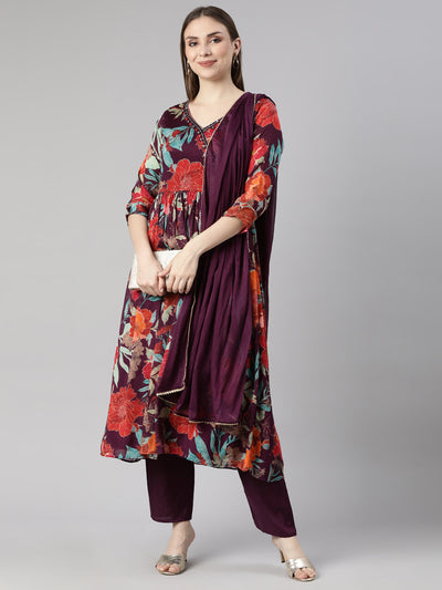 Neerus Purple Regular Straight Floral Kurta And  Trousers With Dupatta