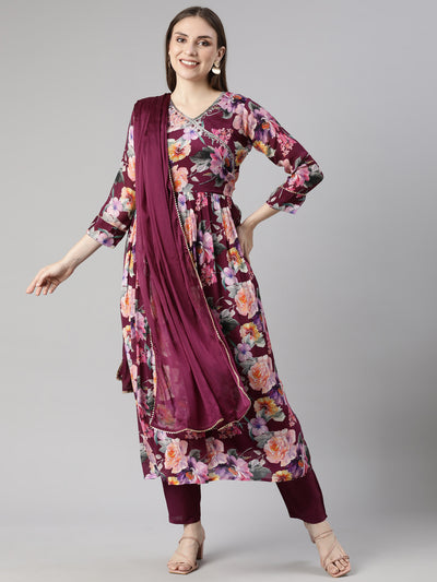 Neerus Violet Regular Straight Floral Kurta And  Trousers With Dupatta