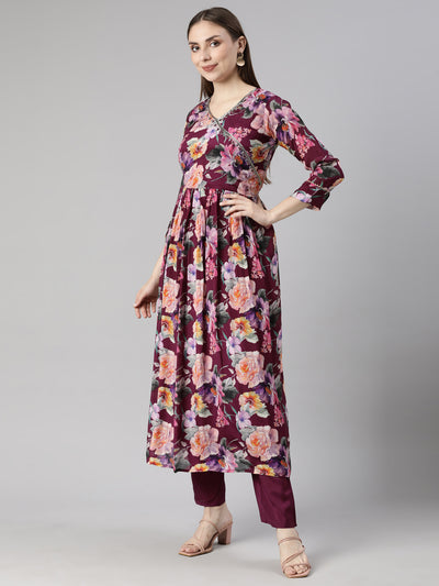 Neerus Violet Regular Straight Floral Kurta And  Trousers With Dupatta