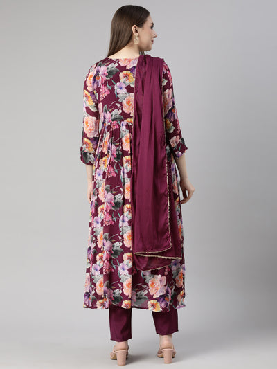 Neerus Violet Regular Straight Floral Kurta And  Trousers With Dupatta