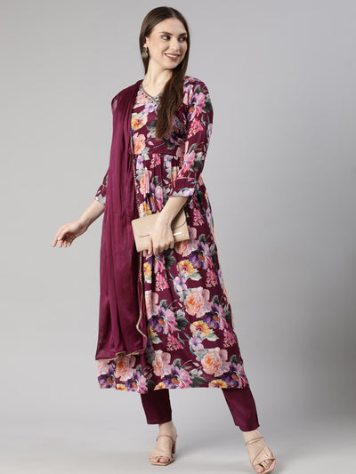 Neerus Violet Regular Straight Floral Kurta And  Trousers With Dupatta