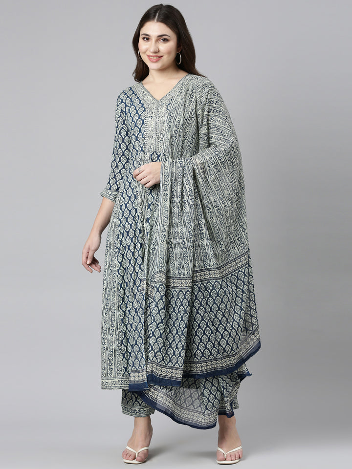 Neerus Blue printed straight kurta set with dupatta - front view