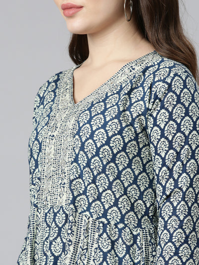 Neerus Blue Regular Straight Printed Kurta And Trousers With Dupatta