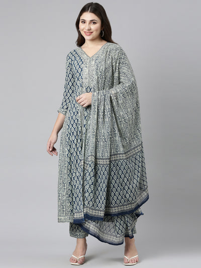 Neerus Blue Regular Straight Printed Kurta And Trousers With Dupatta
