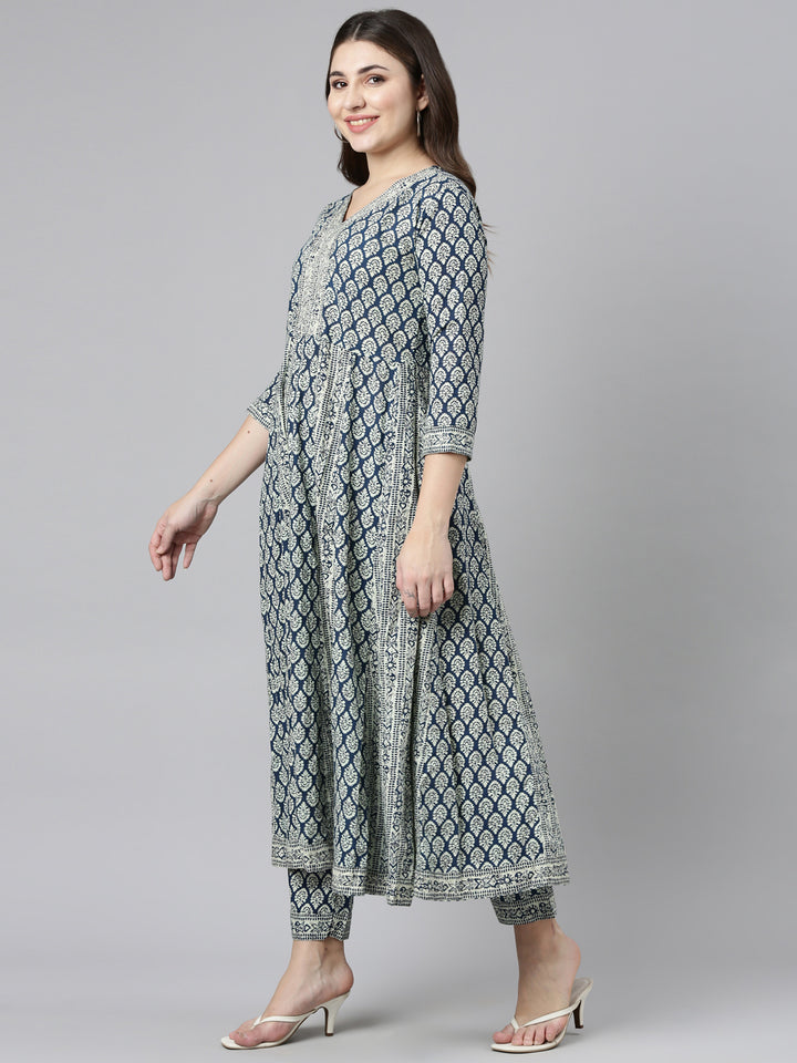 Neerus Blue printed straight kurta set with dupatta - back view