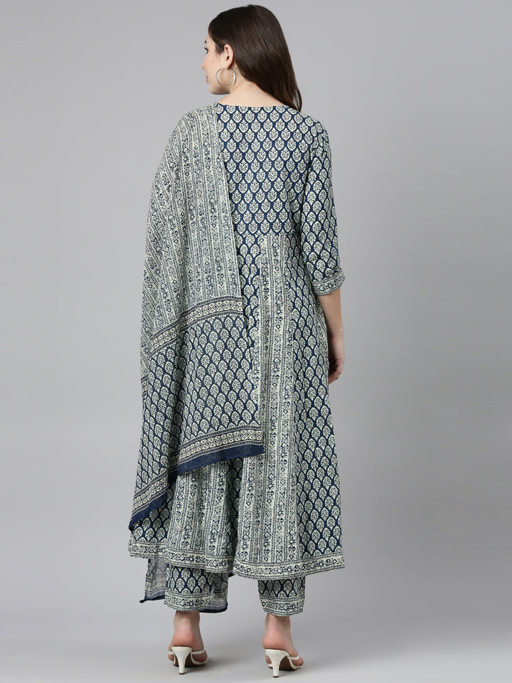 Neerus Blue printed straight kurta set with dupatta - side view