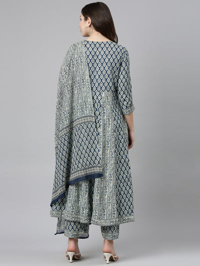 Neerus Blue Regular Straight Printed Kurta And Trousers With Dupatta
