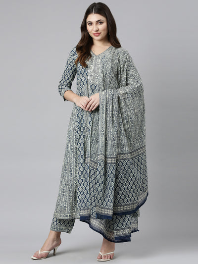 Neerus Blue Regular Straight Printed Kurta And Trousers With Dupatta