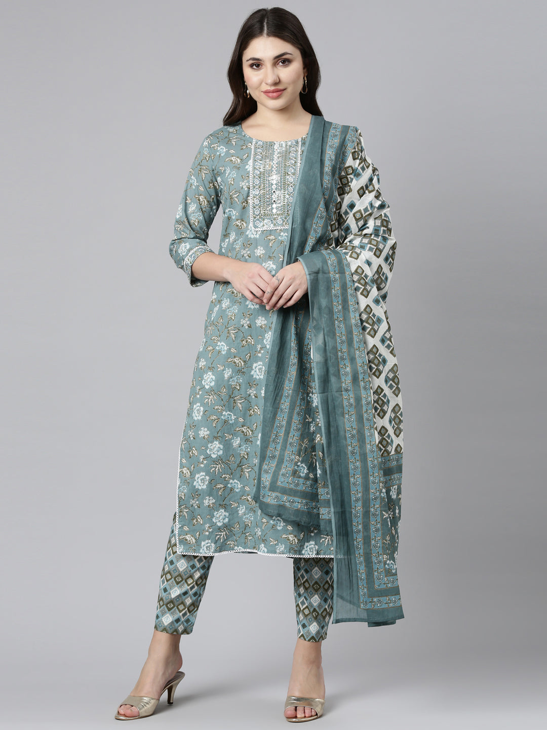 Neerus Green cotton printed kurta set with trouser and dupatta - front view