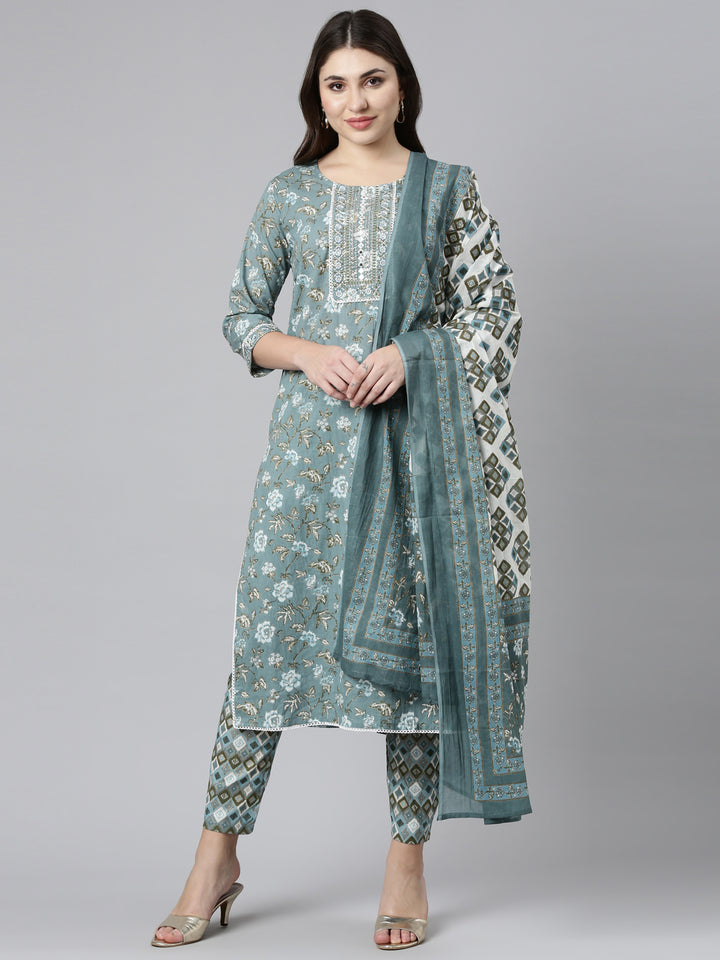 Neerus Green cotton printed kurta set with trouser and dupatta - front view