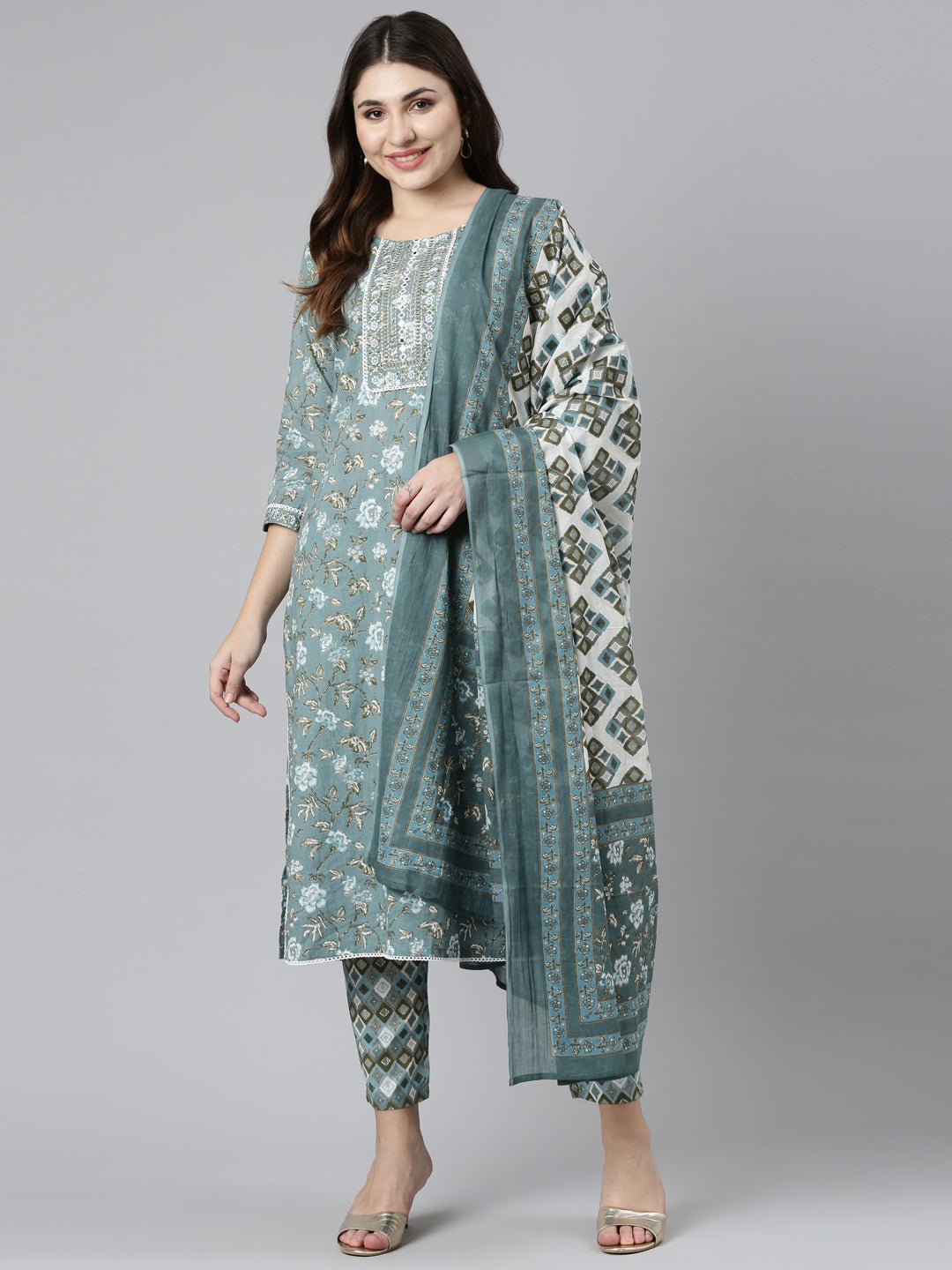 Neerus Green cotton printed kurta set with trouser and dupatta - detail view 2