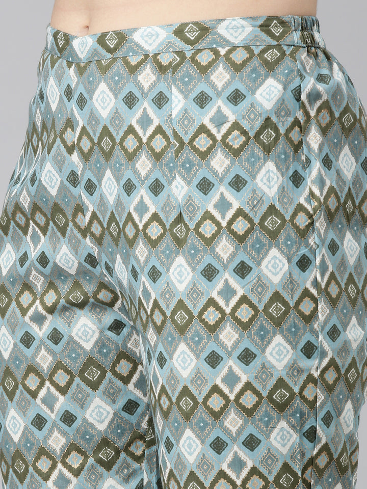 Neerus Green cotton printed kurta set with trouser and dupatta - detail view 3