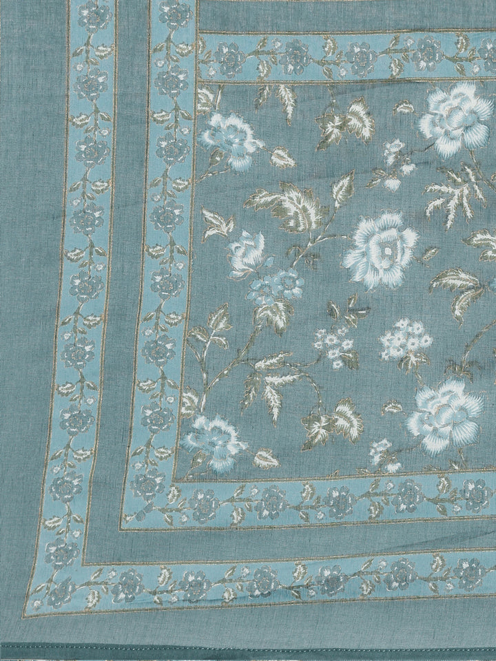 Neerus Green cotton printed kurta set with trouser and dupatta - detail view 4
