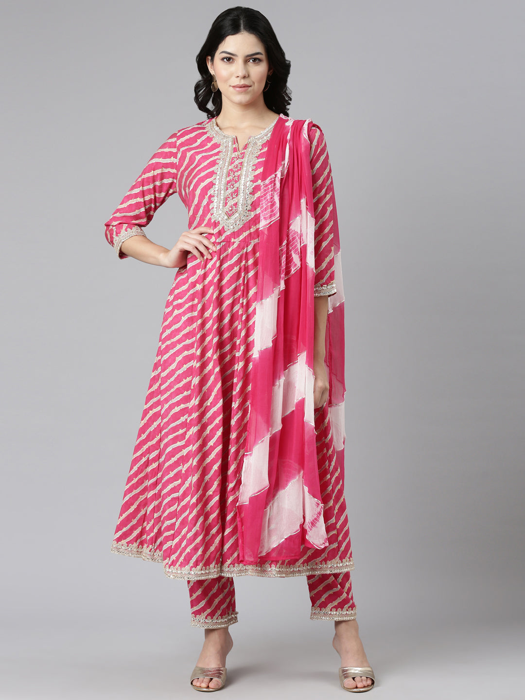 Neerus Pink Regular Straight Printed Kurta And Trousers With Dupatta