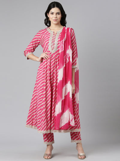 Neerus Pink Regular Straight Printed Kurta And Trousers With Dupatta