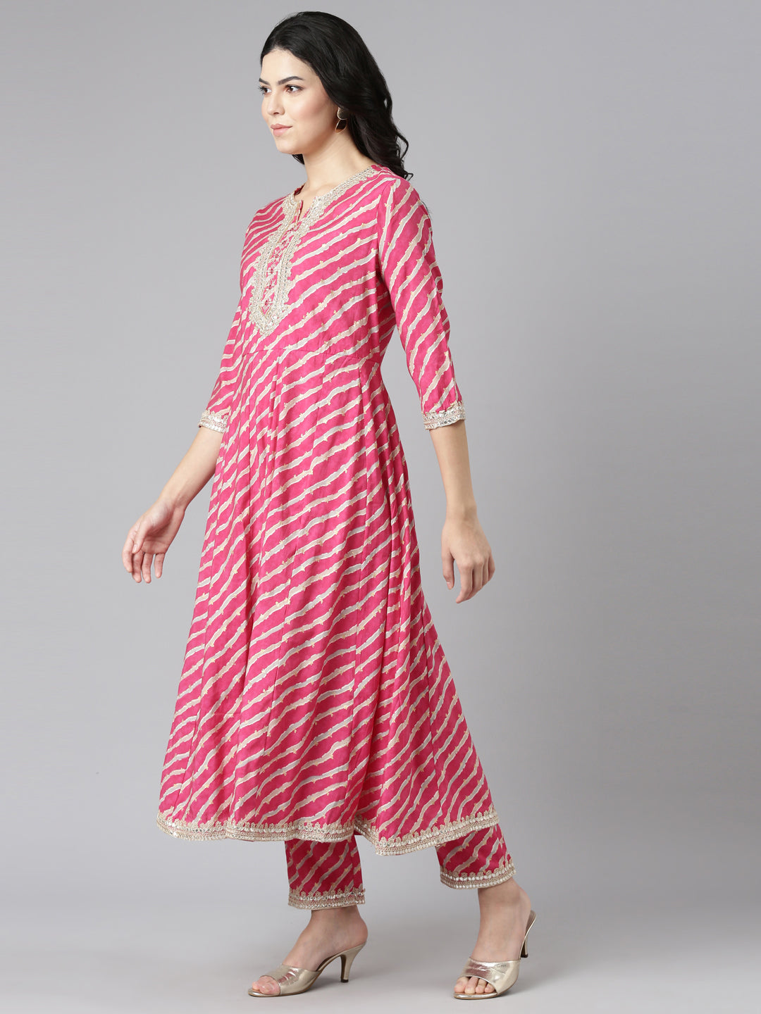 Neerus Pink Regular Straight Printed Kurta And Trousers With Dupatta