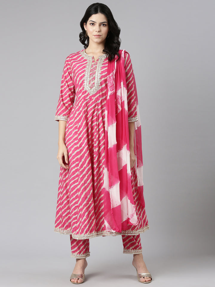 Neerus Pink Regular Straight Printed Kurta And Trousers With Dupatta