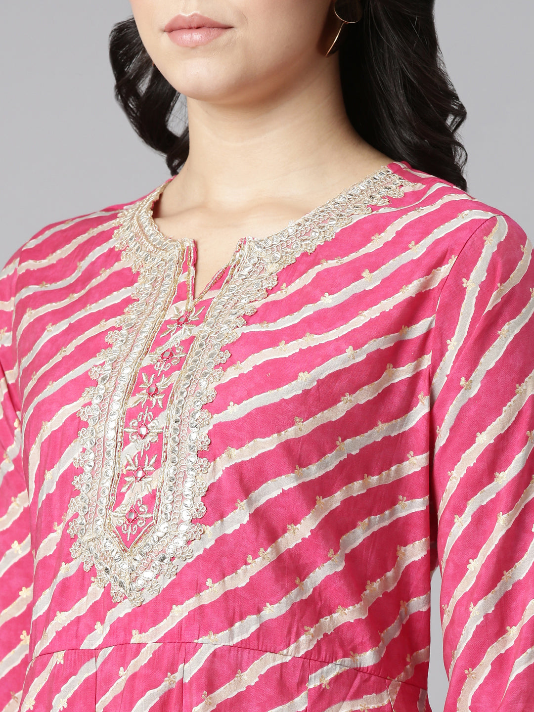 Neerus Pink Regular Straight Printed Kurta And Trousers With Dupatta