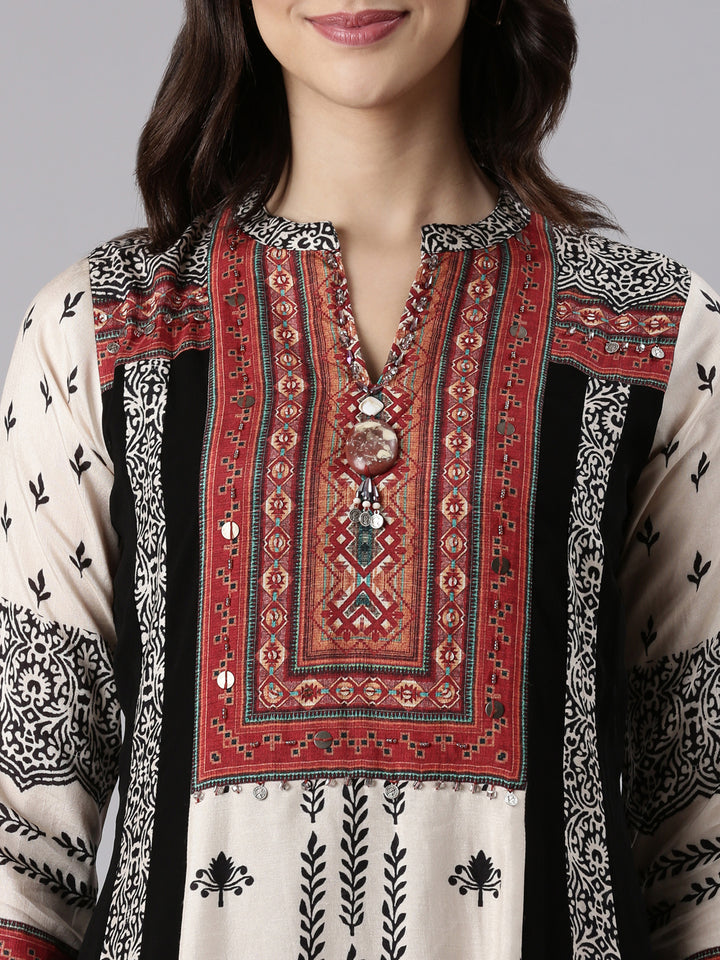 Cream Muslin Printed Three Piece Set With Palazzo