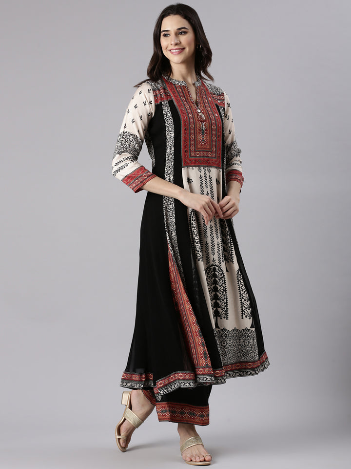 Cream Muslin Printed Three Piece Set With Palazzo