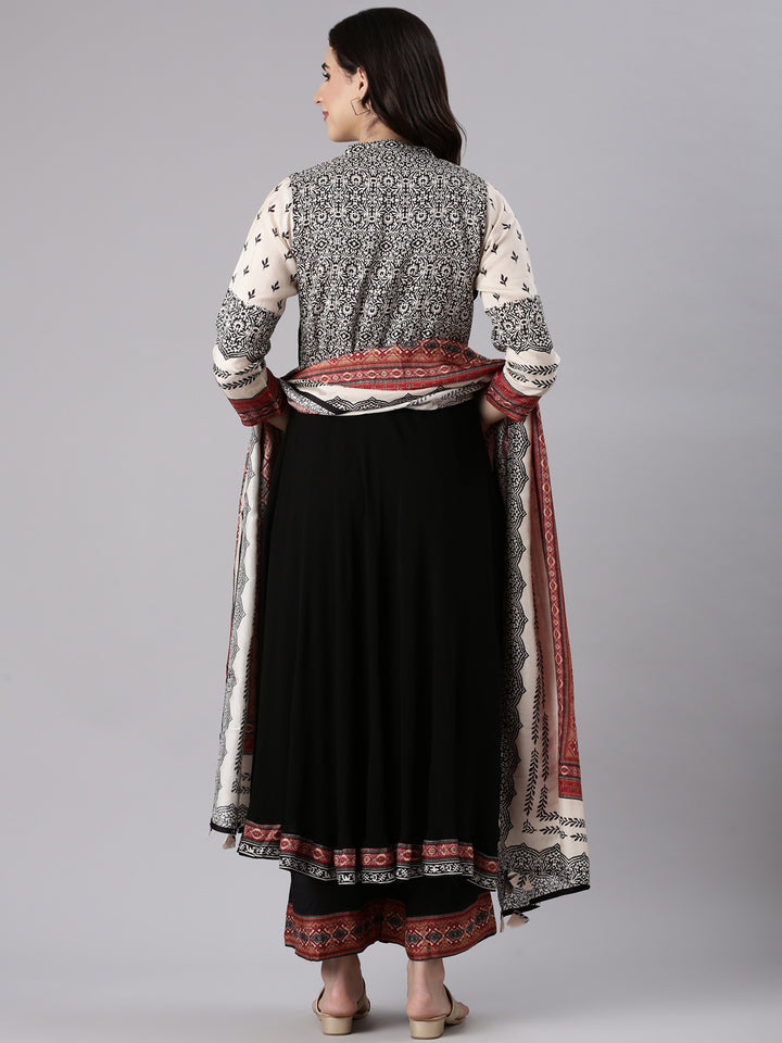 Cream Muslin Printed Three Piece Set With Palazzo