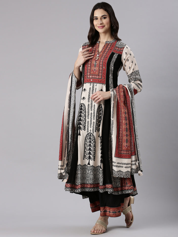 Cream Muslin Printed Three Piece Set With Palazzo