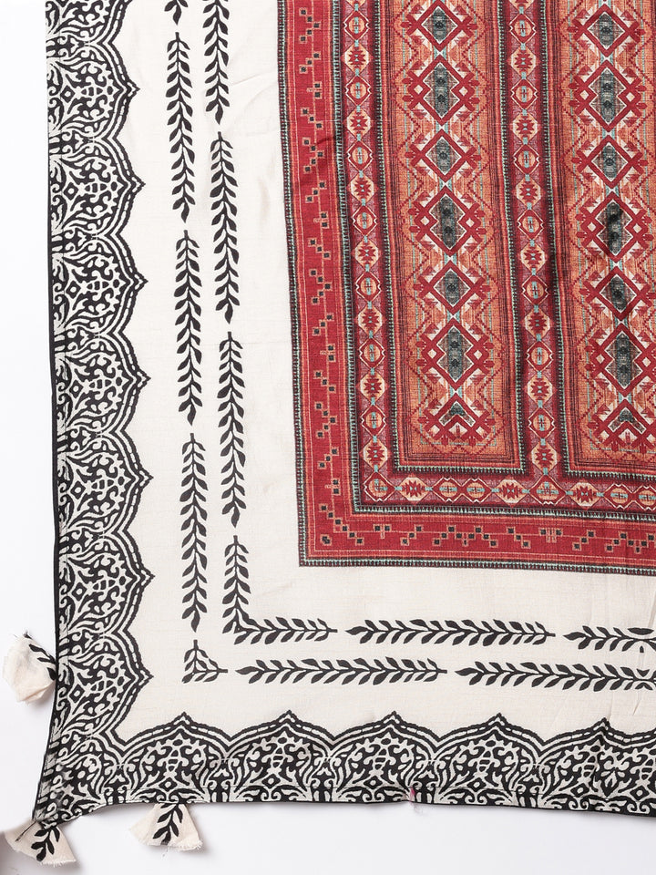 Cream Muslin Printed Three Piece Set With Palazzo