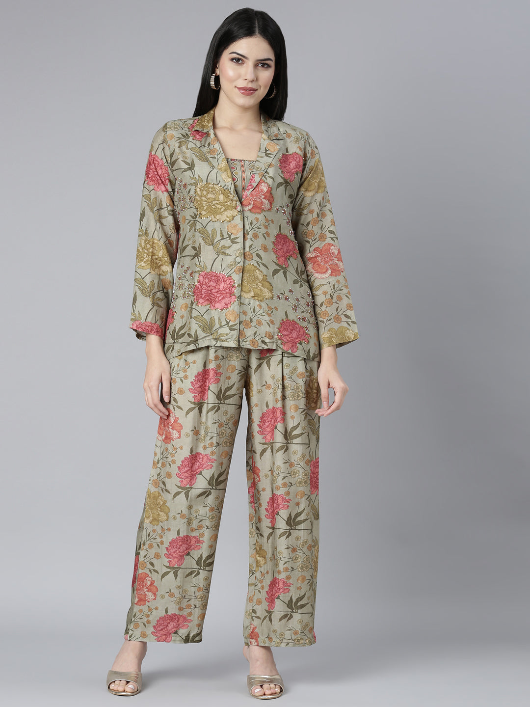 Neerus Green printed co-ord set top and trousers - front view