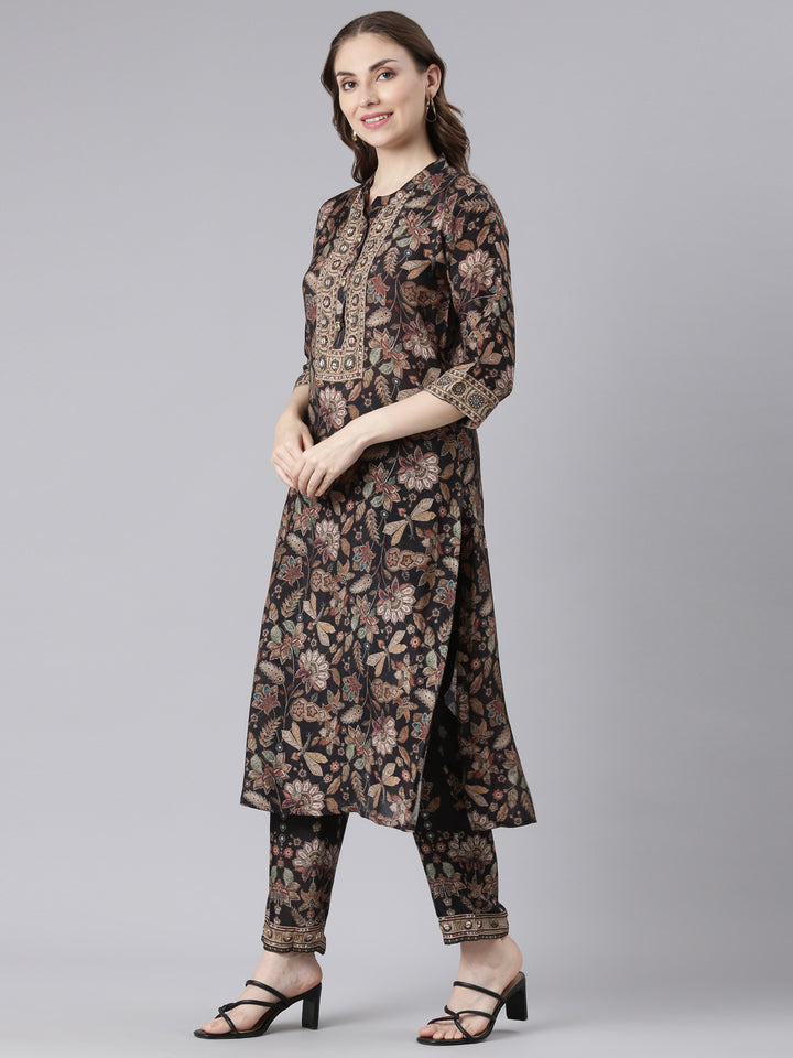 Neerus Black Muslin Straight Casual Floral Kurta Sets