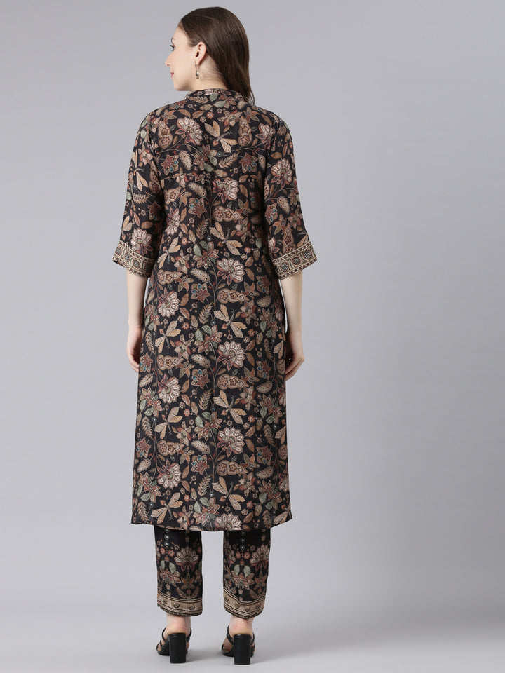 Neerus Black Muslin Straight Casual Floral Kurta Sets