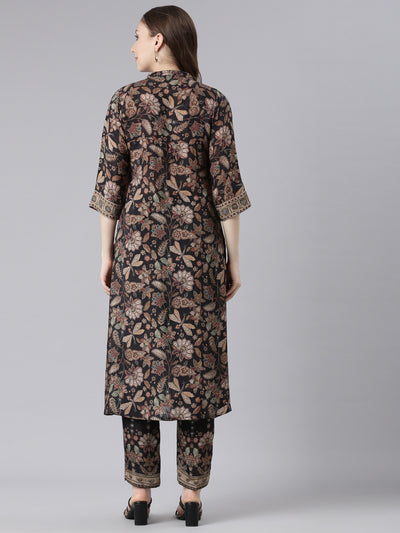 Neerus Black Muslin Straight Casual Floral Kurta Sets